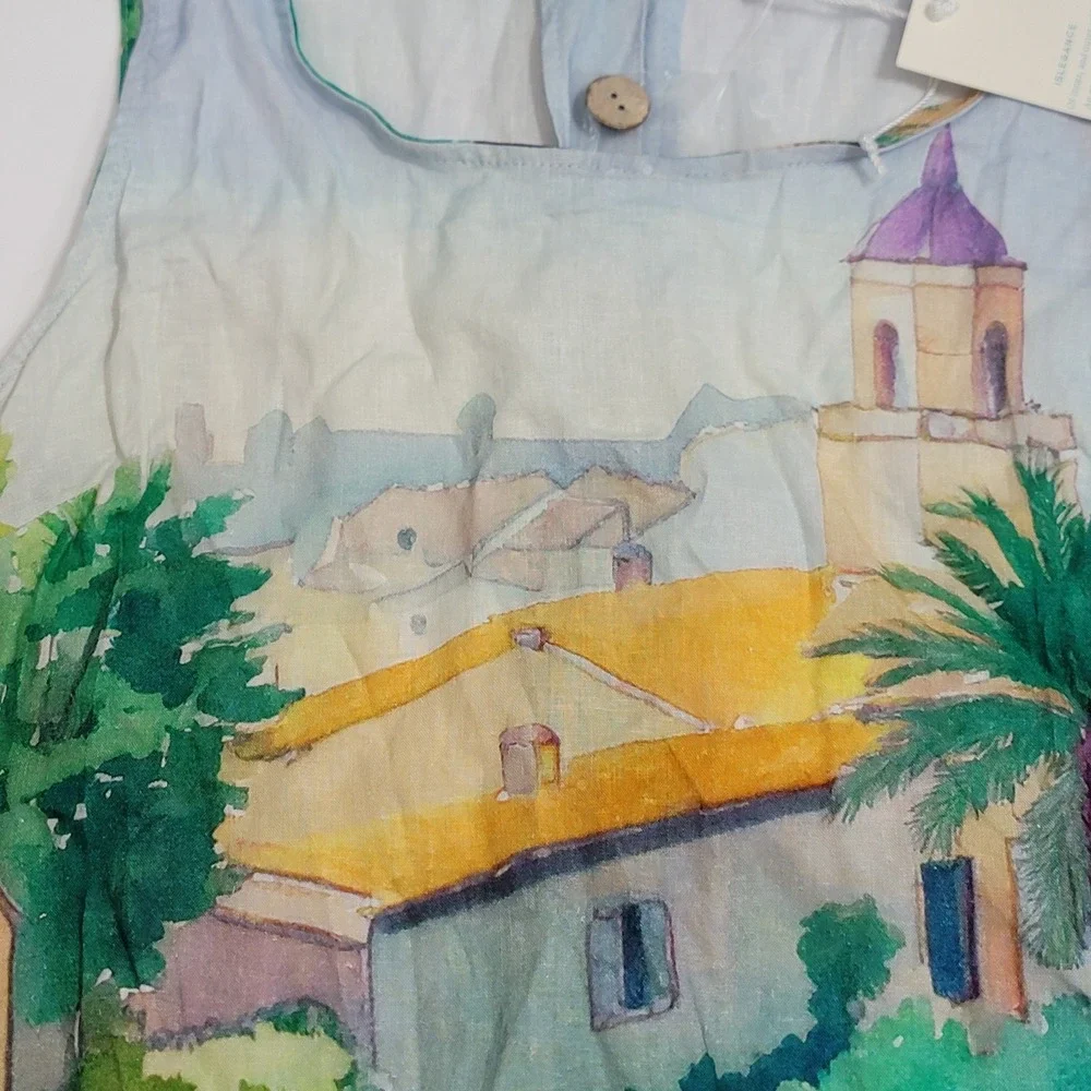 Calypso St. Barth Linen Blend Watercolor Scenic Village Crop Tank Top Med NEW - Picture 4 of 14